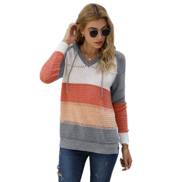 

women hooded sweater autumn fashion v-neck long sleeve striped knitwear female casual loose woman streetwear pullover jumper, White;black