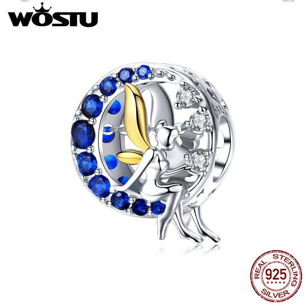 WOSTU 925 Стерлинговое серебро Луна Луна Fairy Elf Charms Blue CZ Fit Fit Оригинальный браслет Ожерелье DIY Ювелирные Изделия CTC070 Q0531