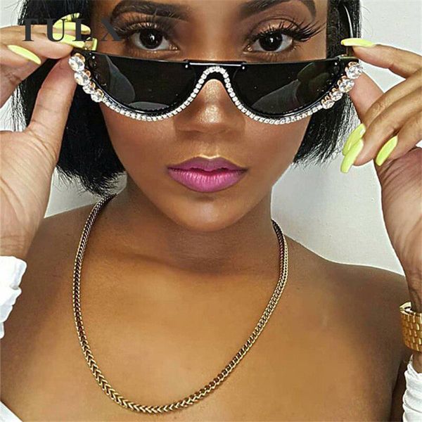 

sunglasses trendy diamond cat eye for women 2021semi-rimless sun glasses crystal frame rhinestone eyewear oculos, White;black