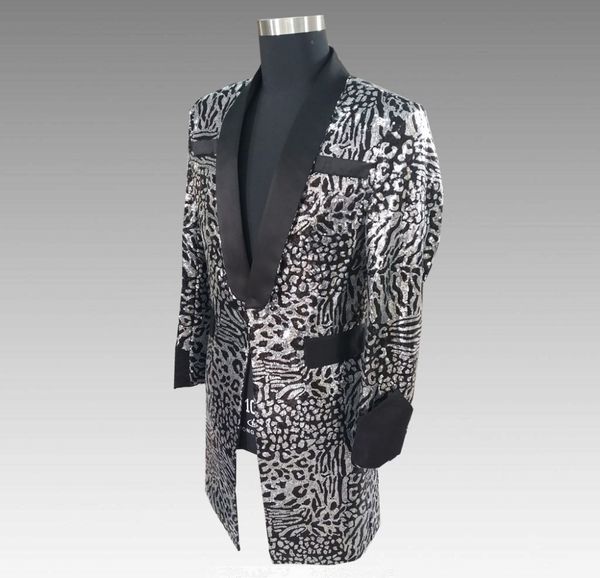 

new men silvery leopard print sequins blazers fashion slim long coat nightclub mens singer dance costume host concert outerwear, Black;red