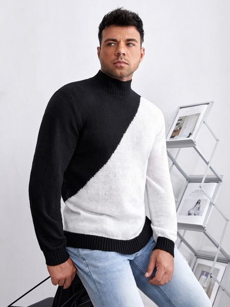 

extended sizes men color block mock neck sweater 56wa#, White;black