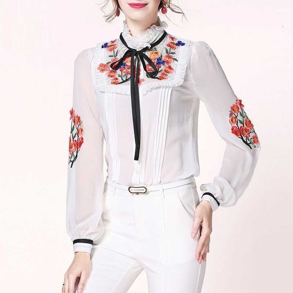 

women's knits & tees upper class plus female size vintage ruffled collar embroidered long sleeve shirt spring will see blouses gg6k, White