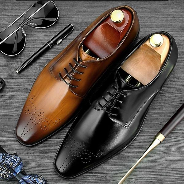 

dress shoes british round toe carved derby man formal luxury genuine leather lace up medallion men's prom brogue footwear ne58, Black