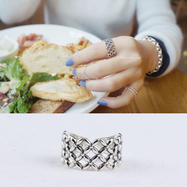 

tyj030 south korea s925 silver clover rib mesh leaves make old ring