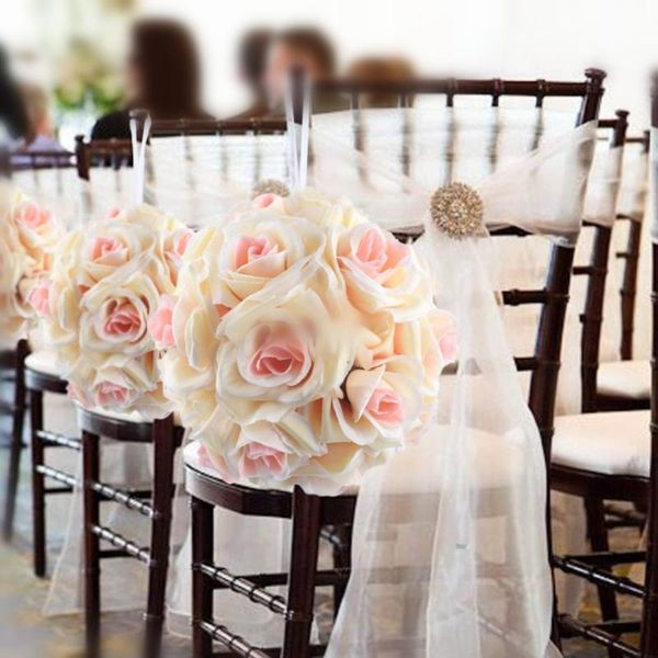 

party decoration wholesale- 18cm/7in silk ribbon rose flower ball artificial pomander bouquet kissing wedding centerpiece decorations