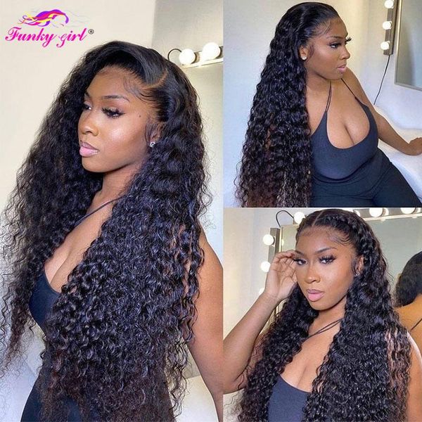 

lace wigs peruvian water wave front wig 30 32inch transparent 13x4 frontal human hair deep curly remy closure, Black;brown