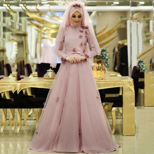 

high collar long sleeves muslim evening dresses with flowers sweep train arabic tulle formal prom gowns, Black;red