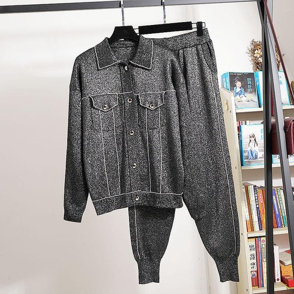 

fashion black bright silk knitted outfits women tracksuit cardigan sweater pencil pants two piece set female loose knit suit 2pc, White