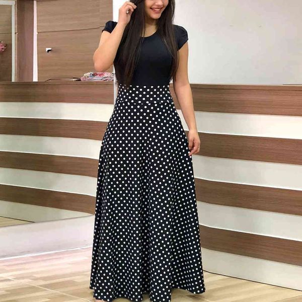 

women polka dot print patchwork long dress summer casual short sleeve o-neck high waist robe boho beach maxi sundress plus size x0521, Black;gray