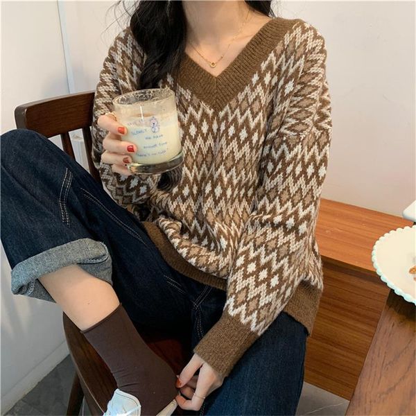 

women's sweaters lazy vintage v-neck long sleeve sweater, White;black