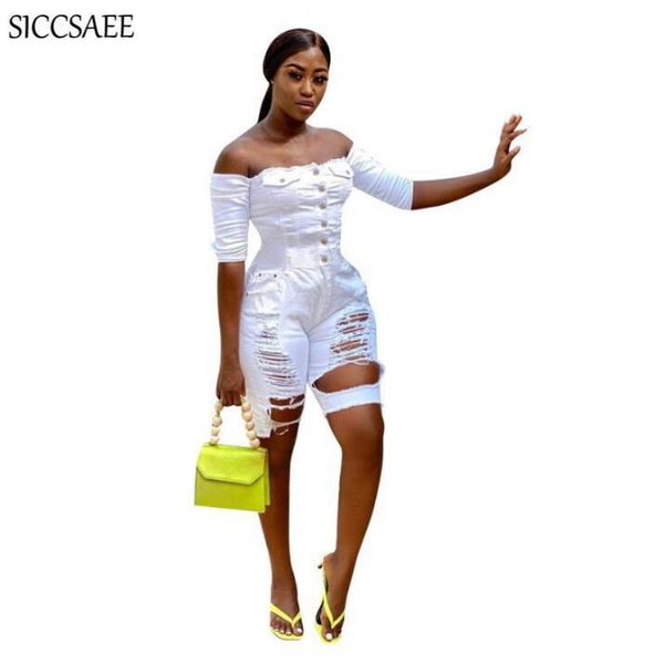 

women's jumpsuits & rompers hole waterwashed denim playsuits off shoulder bodycon bandage bodysuit backless plus size clothing jeans sh, Black;white