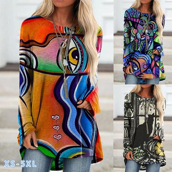 

women's blouses & shirts plus size fashion loose casual round neck floral print long sleeve autumn t pullovers blusas de mujer, White