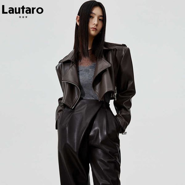 

lautaro autumn short oversized brown leather biker jacket women long sleeve zipper loose stylish cropped korean fashion 211011, Black