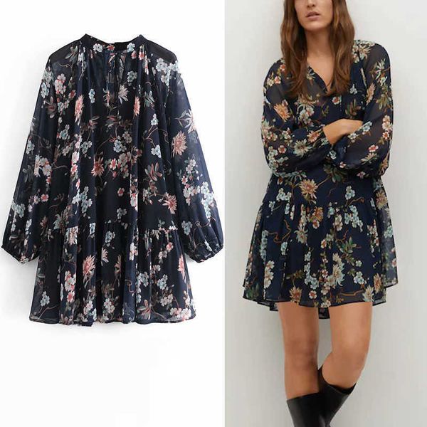 

za floral print chiffon mini dress women long puff sleeve retro pleated dresses female fashion v neck elegant vestido 210602, Black;gray