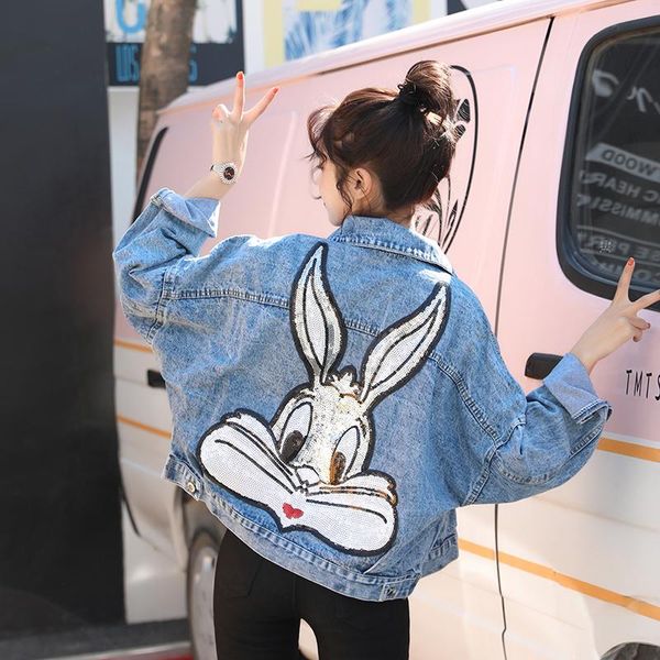 

women's jackets fashing cartoon sequined oversized denim jacket bling loose preppy style embroidered short coat character outfits 4 sea, Black;brown