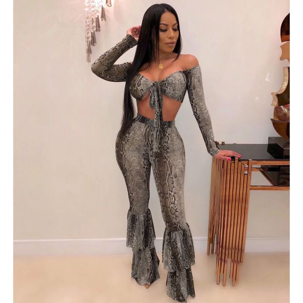 

snakeskin print sheer mesh 2 piece set women fall club outfits long sleeve crop and bell bottom pants d90-ad7, White