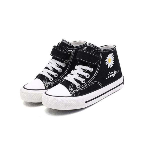 

2021 spring new arrival daisy flower shoes mid-high canvas shoes boys girls casual sneakers children hook&loop fasteners sneaker, Black;red