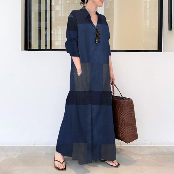 

casual dresses elegant vintage printed loose maxi dress women long sleeve pocket lattice color button neck shirt ankle boho, Black;gray