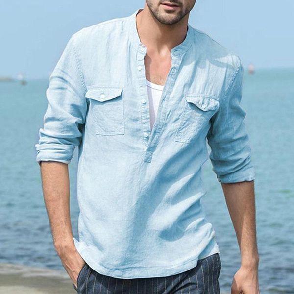 

men's casual shirts spring and autumn fashion pure color cotton linen shirt long sleeves stand collar breathable wear, White;black