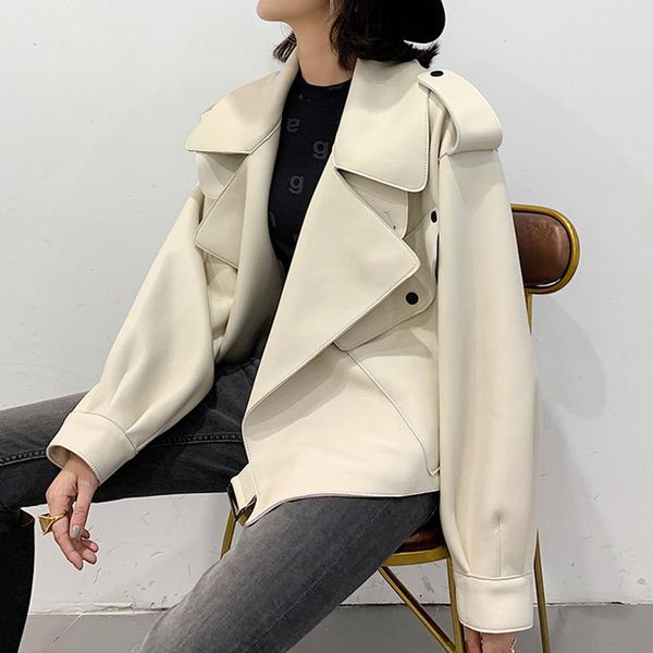 

women's leather & faux shnsophi spring autumn casual black short loose pu jacket soft jackets street outwear women biker overcoat