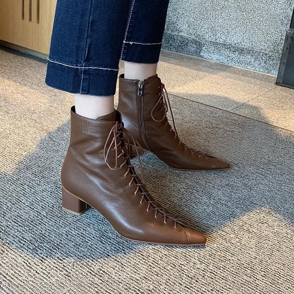 

dress shoes net red french lace up pointed thick heel boots korean style temperament white spring and autumn single women's middle, Black