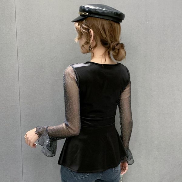 

2021 new spring fall european clothes t-shirt chic v-neck zipper patchwork mesh women long sleeve shiny ruffles tees t0d010a d7ex, White