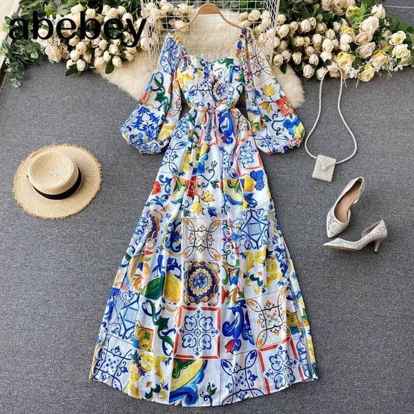 

summer blue and white porcelain flower printed maxi dress women lantern sleeve strapless high split chiffon dress 210715, Black;gray
