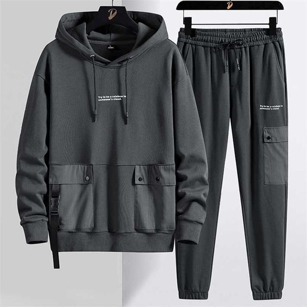 

spring autumn multi-pockets plus size tracksuit men streetwear black grey pullover hoodie+pants 2 piece set men sporting suits 211222, Gray