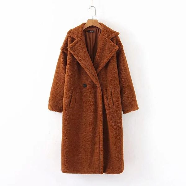 

women's fur & faux women teddy coat winter casual solid long sleeve overcoat fleece thick jacket turn down collar lamb outerwear fourru, Black