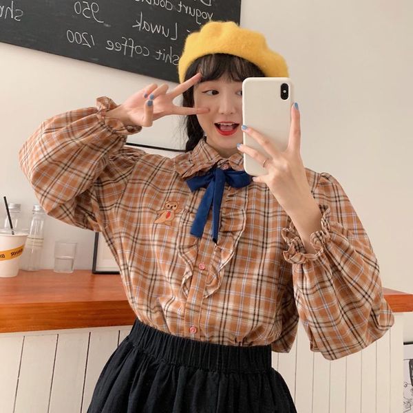 

women's blouses & shirts japanese bear embroidered women korean loose bow collar button up shirt harajuku long sleeve female plus size, White