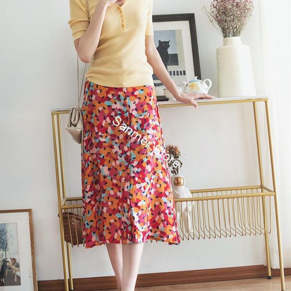 

2021 new feminina de cintura alta impresso primavera vero senhora casual midi saia com botes icqo, Black