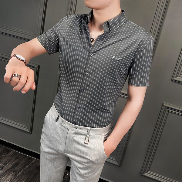 

business shirts of men in the stripe sleeve casual short sleeves thin fitting men's shirt streetwear social blouse chemise homme cj3i, White;black