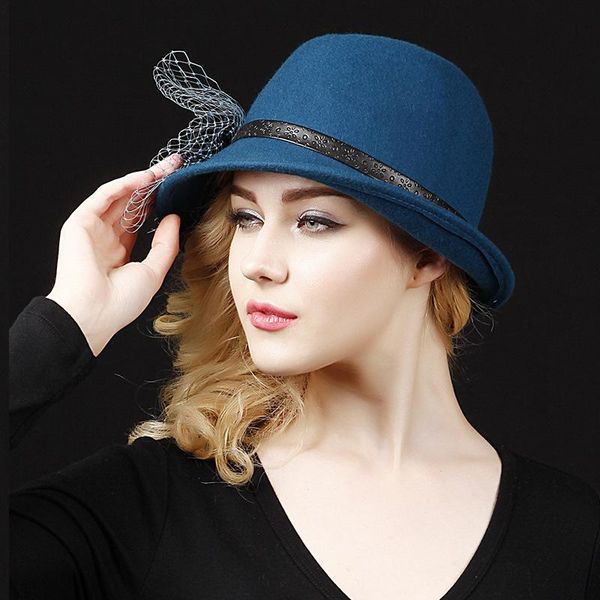

stingy brim hats korean autumn winter fedoras hat women british vintage fashion leather wool fedora cap female retro elegant show jazz h6907, Blue;gray