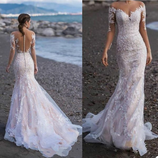 

luxury lace wedding dresses long sleeves appliques bridal gowns custom made button back sweep train mermaid wedding dress, White