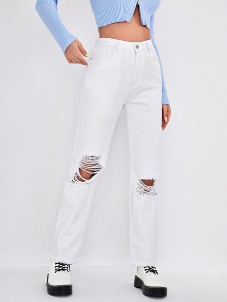 

ripped detail straight leg jeans x5gj#, Blue