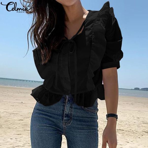 

women's blouses & shirts celmia 2021 summer women fashion solid casual half sleeve ruffles shirt ladies lace up ol elegant blusas femi, White