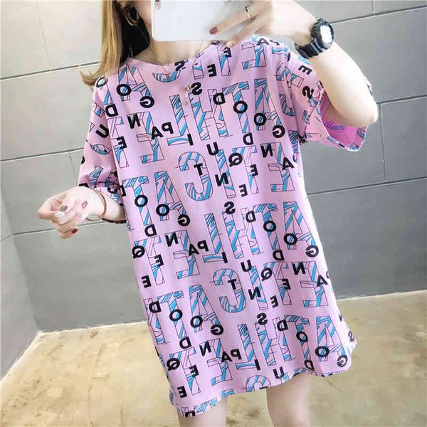 

women t shirt casual short sleeve polyester o neck letters print loose long t-shirt tee shirt woman clothing, White