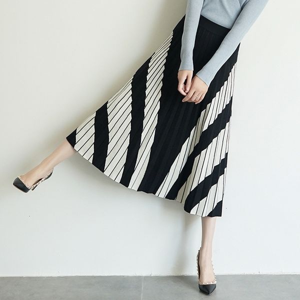 

a-line new 2021 pleated knitted high waist long skirt femme elegant faldas jupe saia women black white skirts le2e