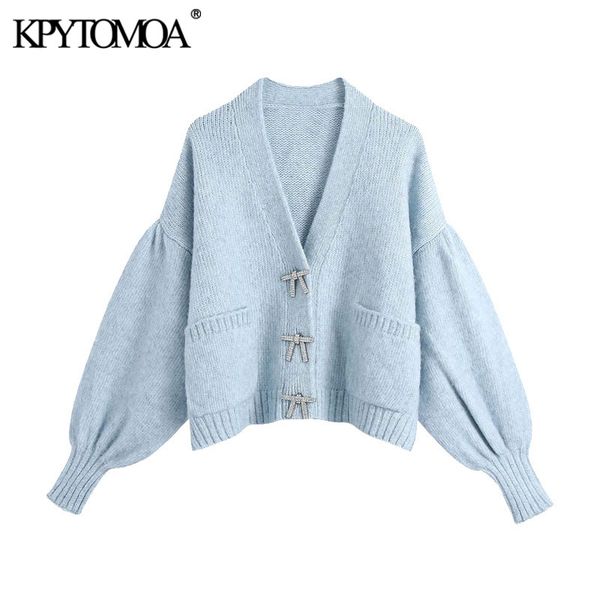 

kpytomoa women fashion rhinestone buttons loose knitted cardigan sweater vintage long sleeve pockets female outerwear chic, Black