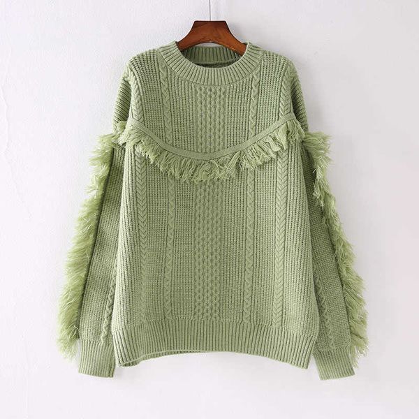 

perhaps u women green beige khaki sweater knitted pullovers long sleeve o-neck tassel loose autumn winter m0243 210529, White