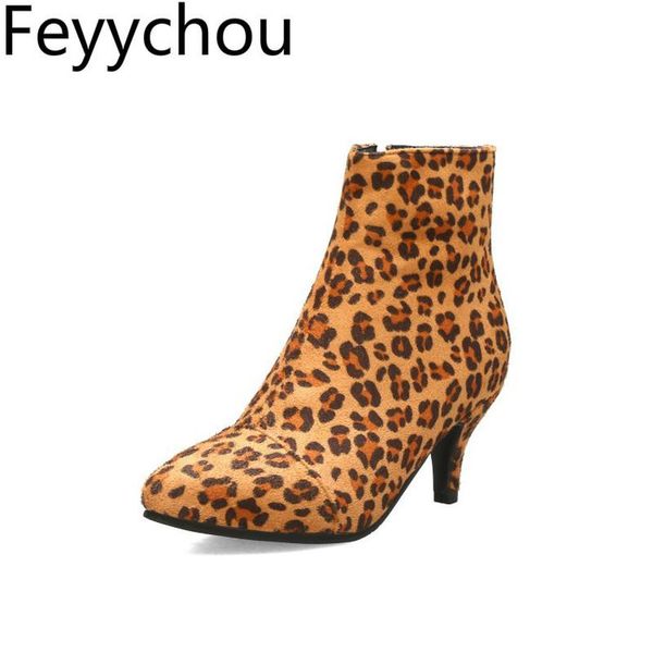 

boots women's autumn winter high heel warm zip pointed toe ankle plush mixed-colors leopard flock 2021 fashion white, Black