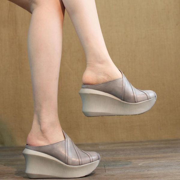 

retro style women platform pumpssplit leather shoesfashion high heelspointed toe slippersgreybrowngreendropshipping, Black