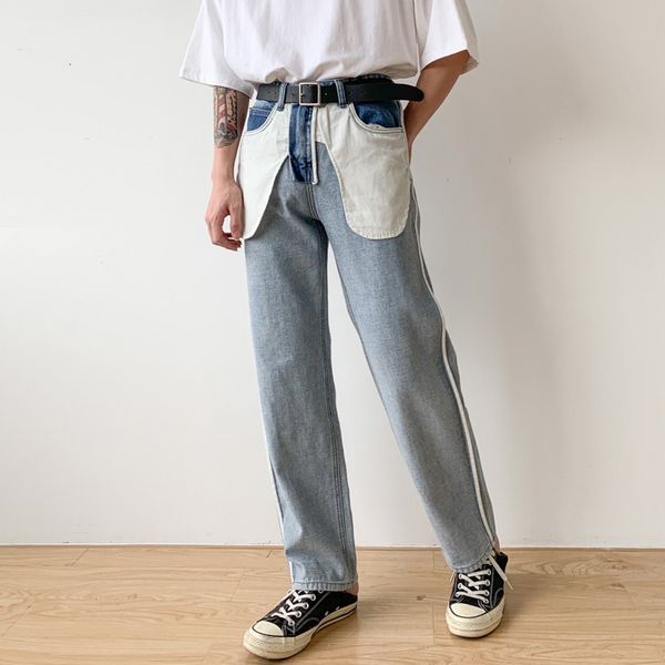 

reverse design men casual straight jeans trousers male japan korea style streetwear hip hop vintage fashion denim uf6x, Blue