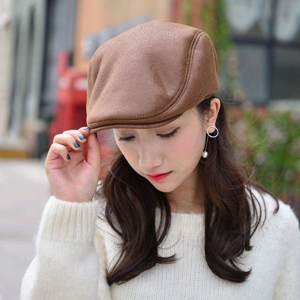 

berets ht1357 warm winter faux leather beret caps black brown men women flat ivy driver cabbie hats thicken fleece lined dad, Blue;gray