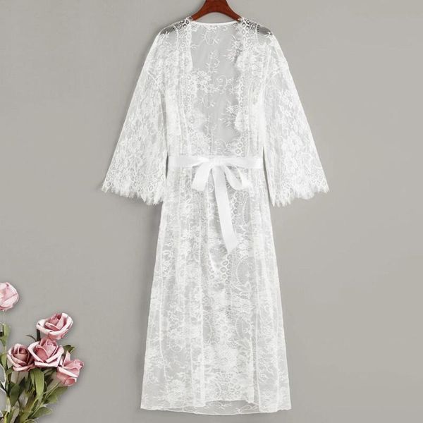 

women's sleepwear women floral eyelash lace sheer robe mesh casual loose long sleeve with belt lingerie nightwear #g3, Black;red