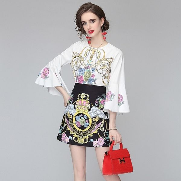 

summer fashion women long sleeve o neck flared sleeve blouse + elegant high waist mini skirt two pieces sets 210531, White