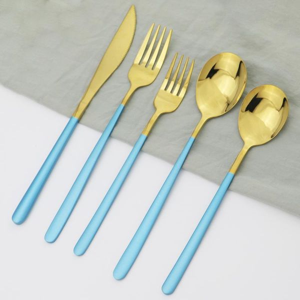 

flatware sets 5pcs/set blue gold cutlery set knife fork spoon 304 stainless steel dinnerware kitchen tableware silverware