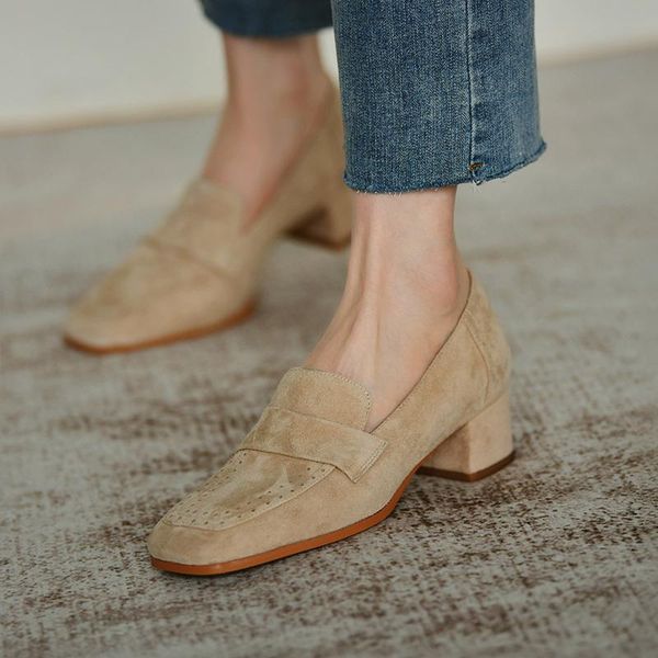 

fashion spring heels woman pumps square- toe suede leather one straps loafers, Black