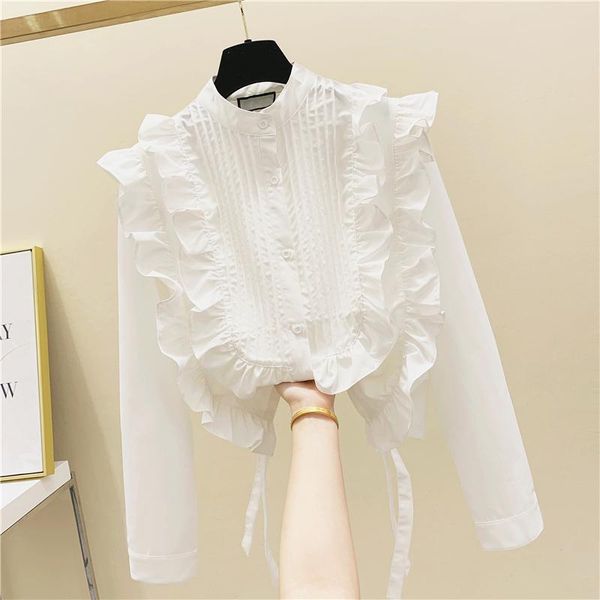 

cropped blouse women lace-up ruffles pleated stand collar white long sleeve shirt office lady casual autumn new clothing