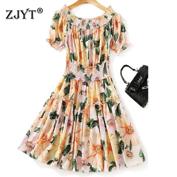 

summer designer runway fashion women short sleeve floral print slash neck mini dress bohemian beach holiday robe vestidos 210601, Black;gray